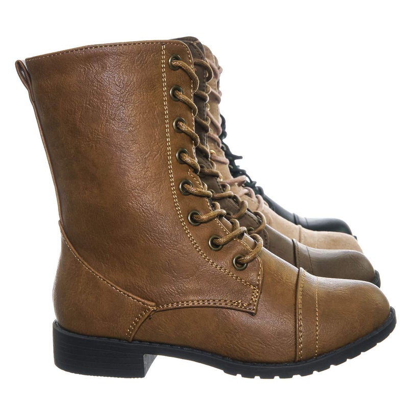 Forever Link Womens Mango Round Toe Military Lace up Knit Ankle Cuff Low Heel Combat Boots Tan 10 B(M) US